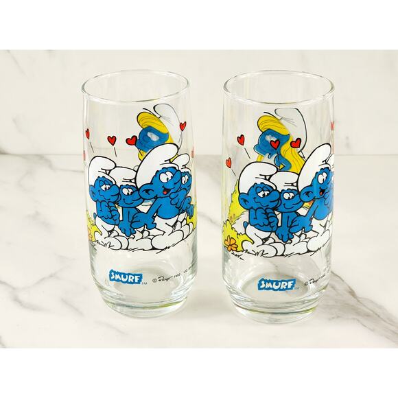 Smurf Smurfette Drinking Clear Glasses 14oz by Peyo 1982 6" x2 Vintage - Picture 1 of 15